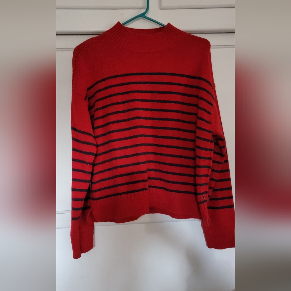 Nautica Red and Navy Blue Striped Turtleneck Sweater Size Medium